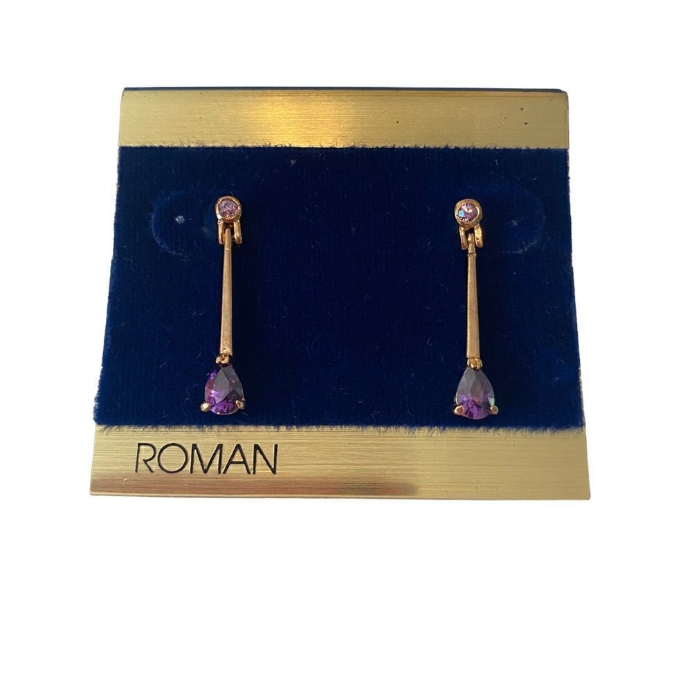Roman Faux Amethyst & Gold Toned Straight Drop Earrings.